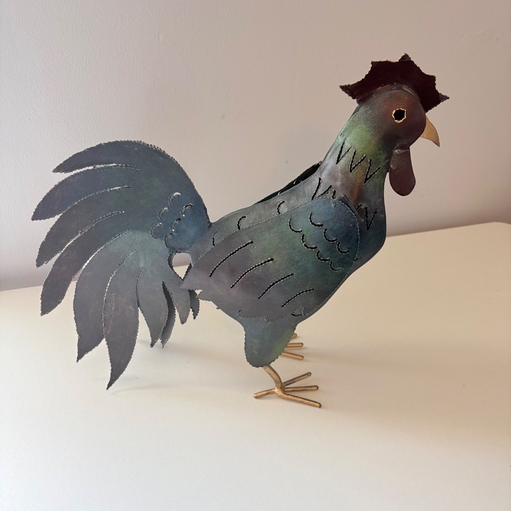 Rooster Tin Folk Art Rustic Farmhouse Country Figurine  13.5" Tall Green Gold - Picture 4 of 7